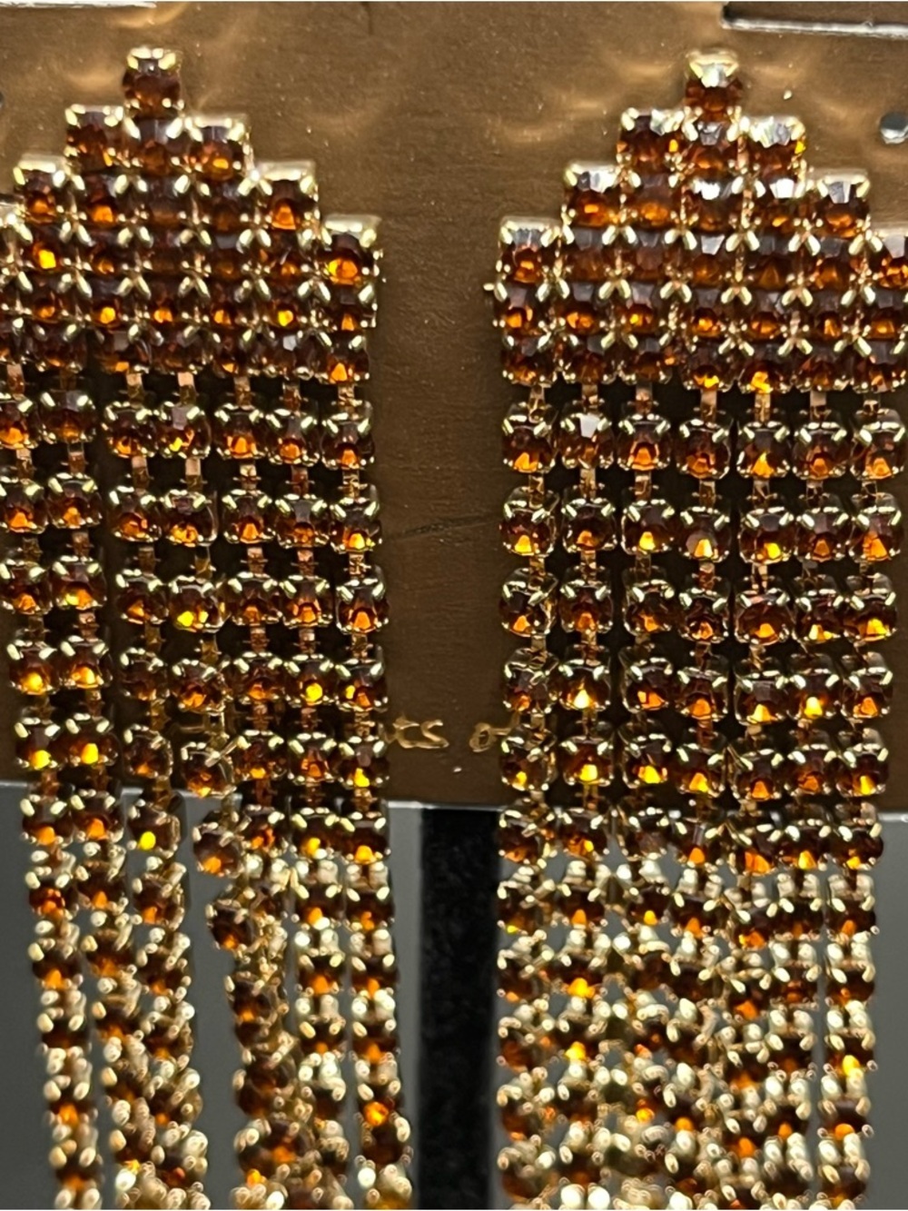 Long rhinestone fringe statement earrings gold tone amber sparkle NWT - Picture 2 of 7